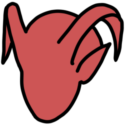  A featureless red face with pointed ears and two curled horns.